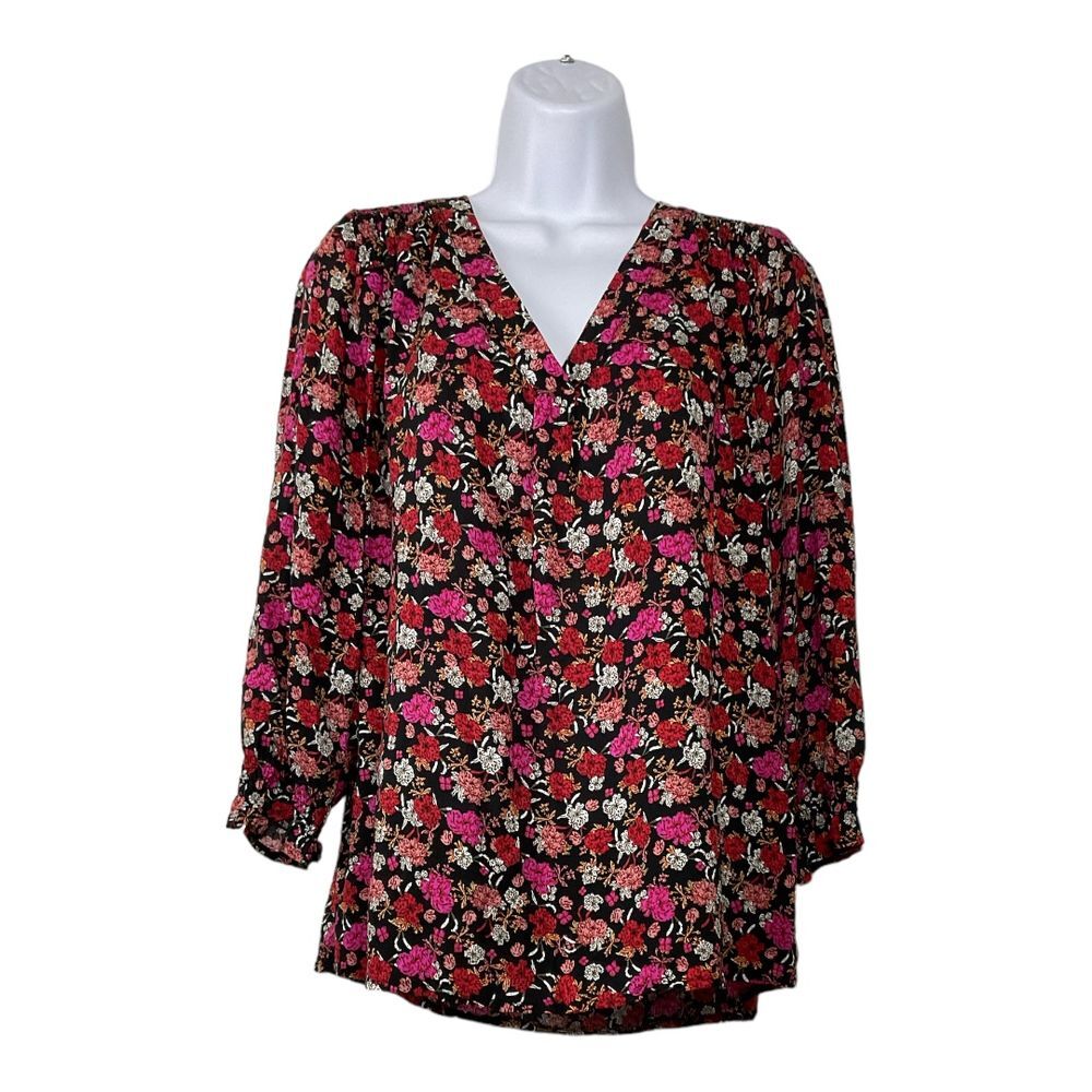 Jones & Co Red & Pink Rose Floral Peasant Ruffle 3/4 Sleeve Blouse Sz M